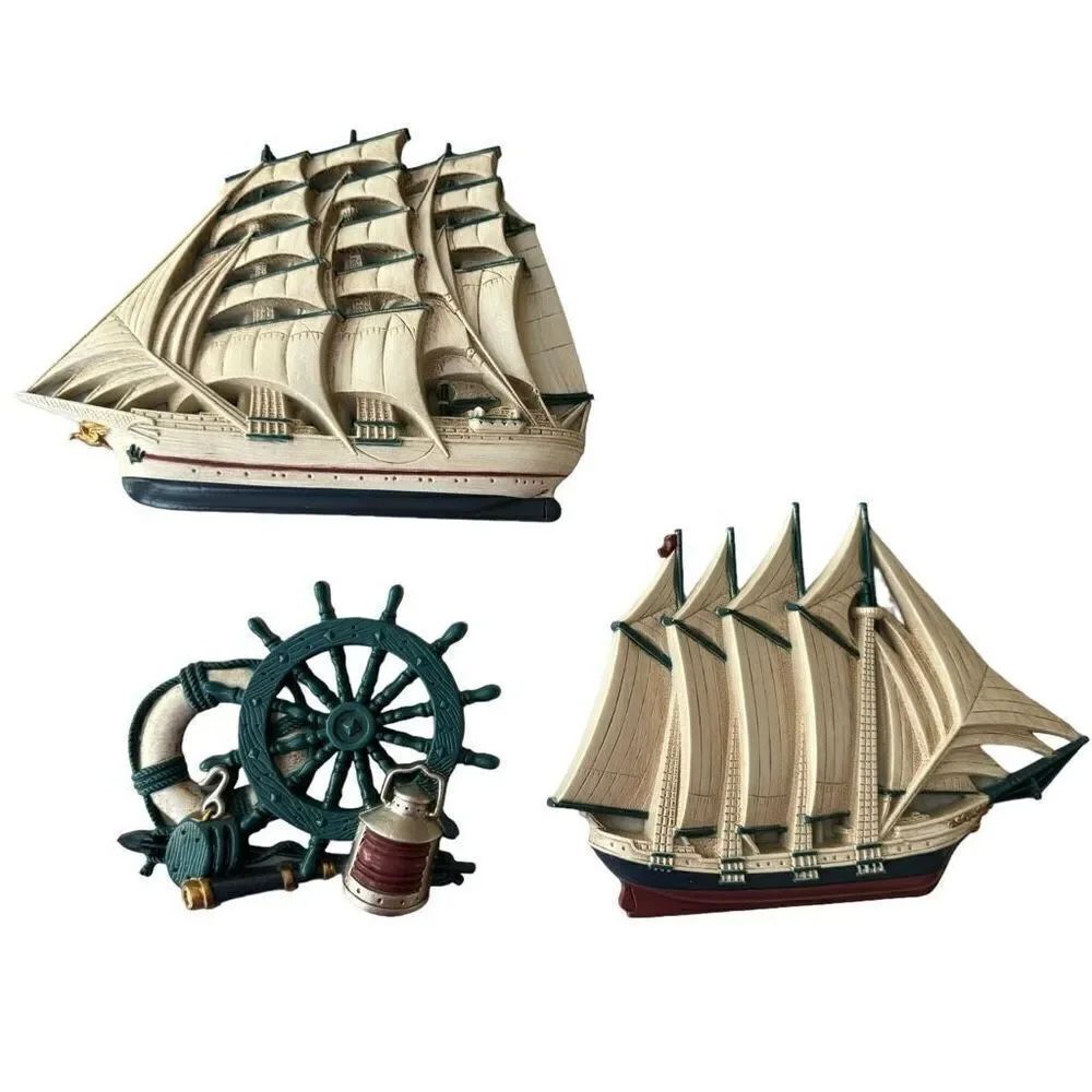 BURWOOD HOME INTERIORS Nautical Wall Art Decor Clipper Ship Boat Wheel SET vtg
